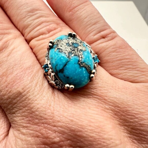 Estate Designer DJOY Turquoise Blue Topaz Sterling Silver Statement Ring Size 9
